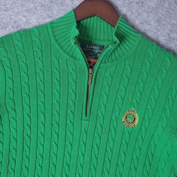 RALPH LAUREN Green Cable Knit Embroidered Crest 1/4 Zip Pullover Sweater Large - Picture 1 of 8